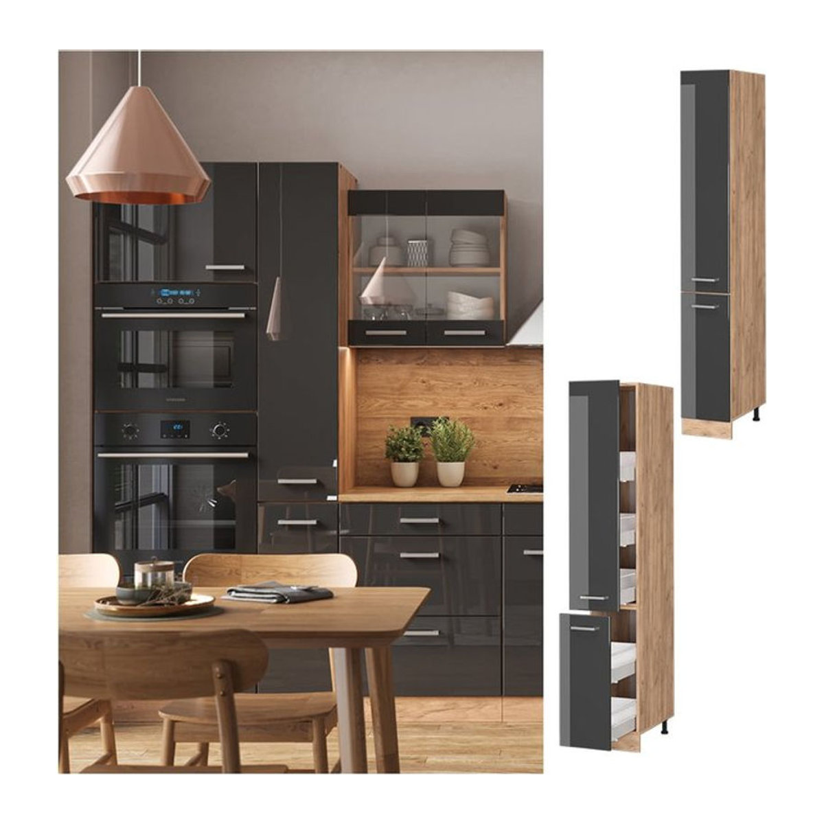 Vicco Apothekerschrank R-Line in Eiche und Anthrazit mit Drehtüren, Breite: 30 cm, Höhe: 207 cm, Tiefe: 57,2 cm - Bild 1