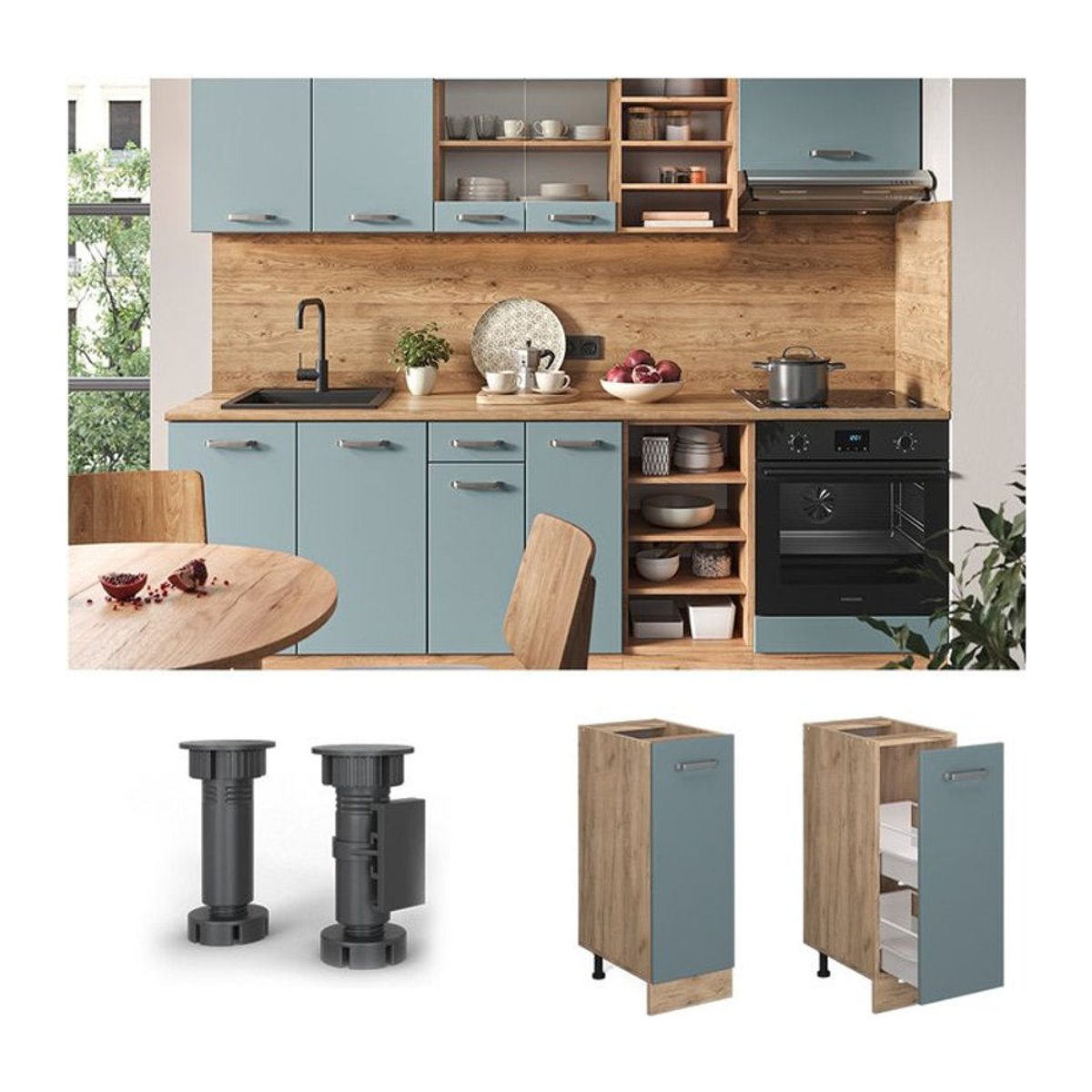 Vicco Apothekerschrank R-Line Küchenschrank mit Drehtüren in Eiche, Blau und Grau, Breite: 30 cm - Bild 1