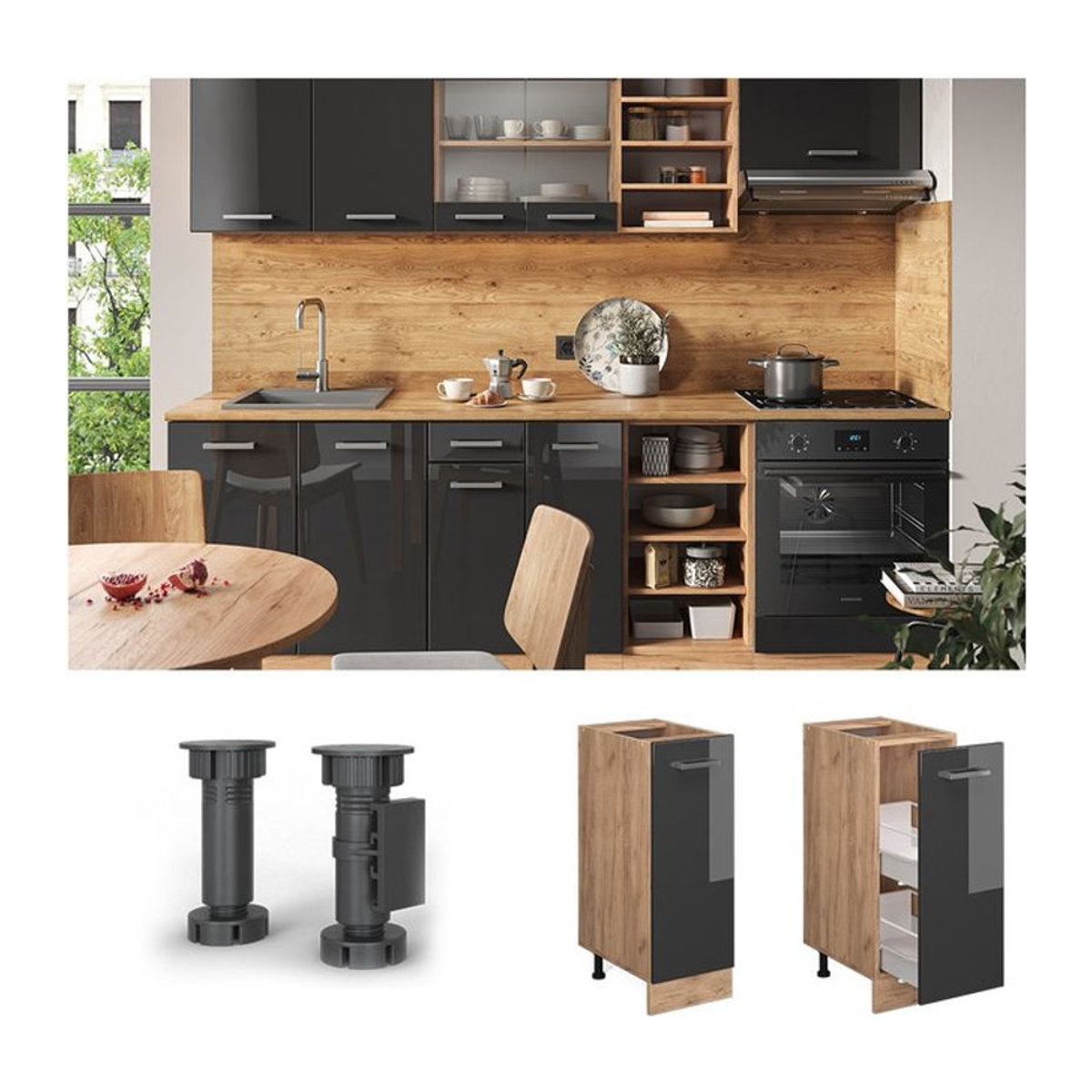 Vicco Apothekerschrank R-Line Küchenunterschrank in Eiche und Anthrazit mit 30 cm Breite - Bild 1