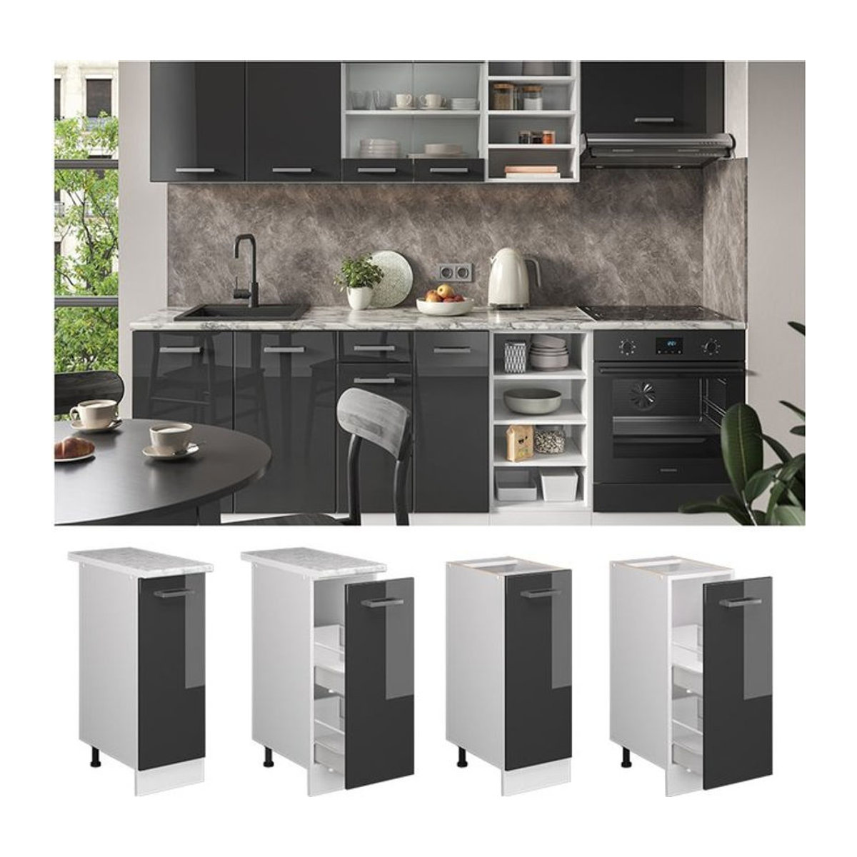 Vicco Apothekerschrank R-Line Küchenunterschrank mit Drehtüren in Weiß und Anthrazit Hochglanz, Breite: 30 cm - Bild 1