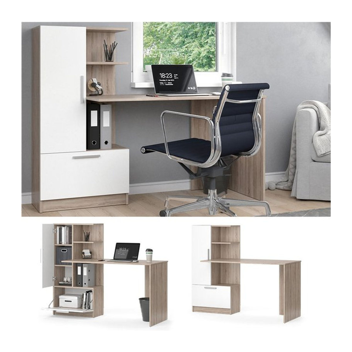Vicco Arbeitstisch Tomy Schreibtisch in Sonoma Weiß mit Regalanbau und Schublade, modern für Homeoffice und Büro, B: 150 cm, T: 120 cm - Bild 1