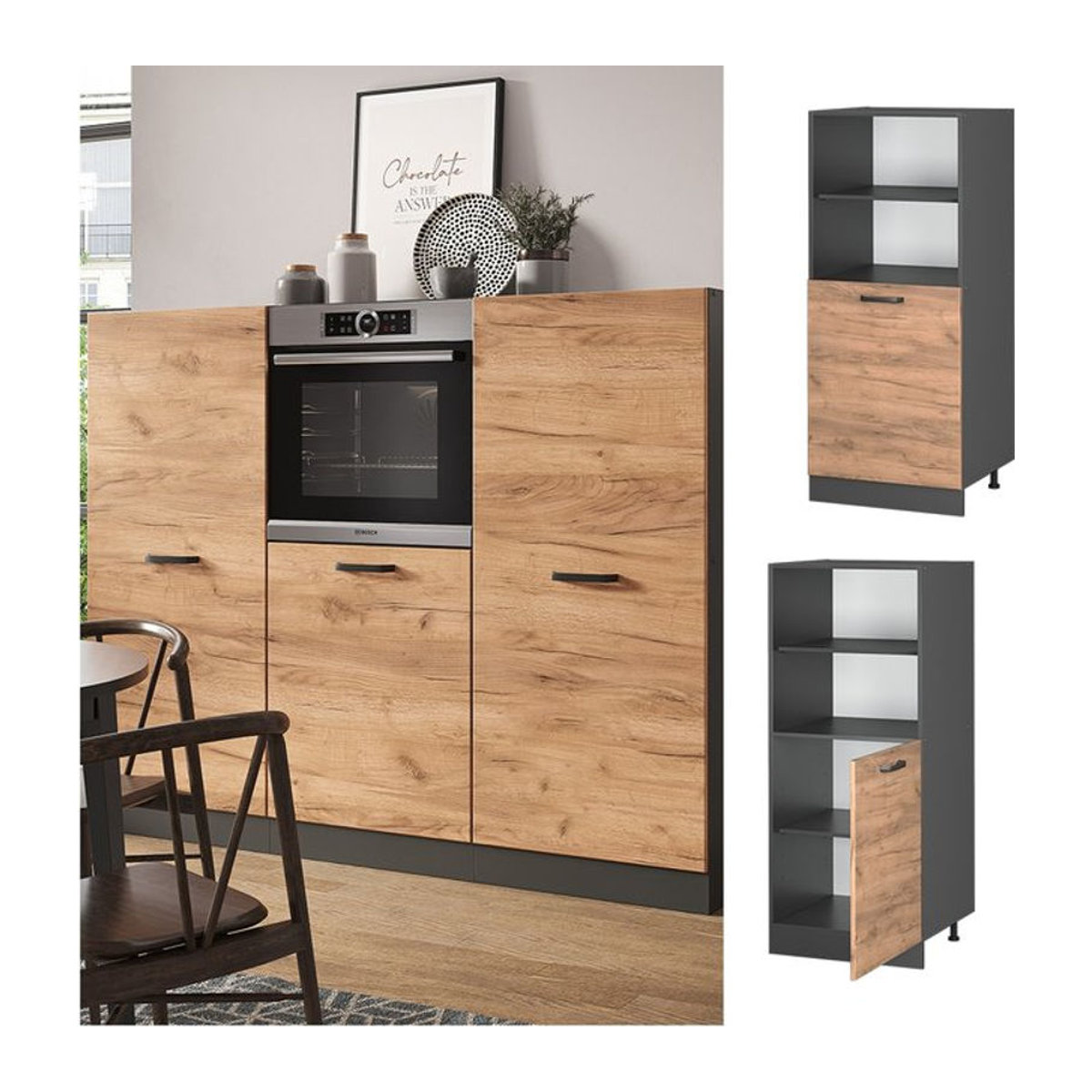 Vicco Backofenumbauschrank R-Line Küchenschrank in Anthrazit und Eiche mit Drehtüren, Breite: 60 cm - Bild 1