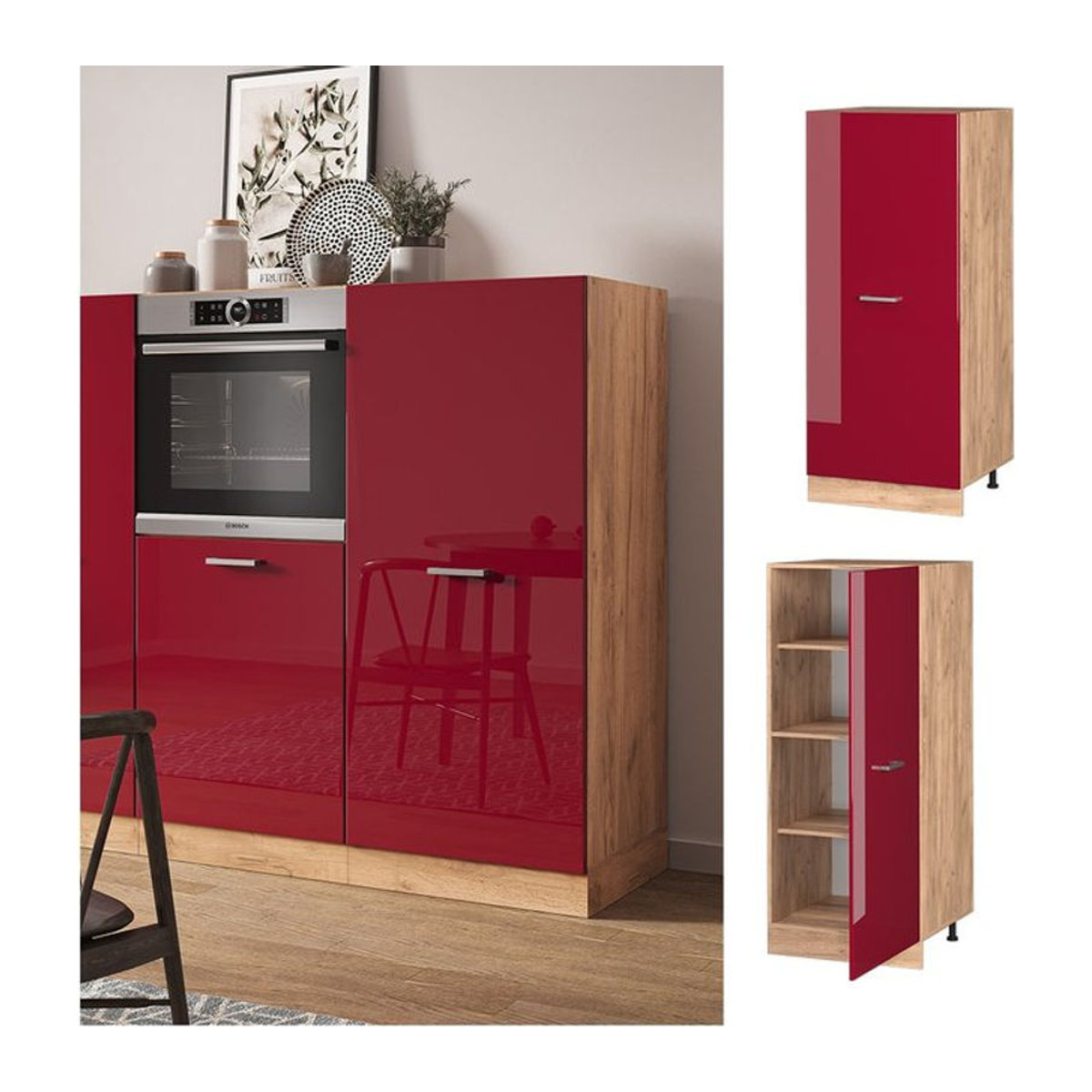 Vicco Backofenumbauschrank R-Line Küchenschrank in Eiche Bordeaux mit großer Drehtür, Breite: 60 cm - Bild 1