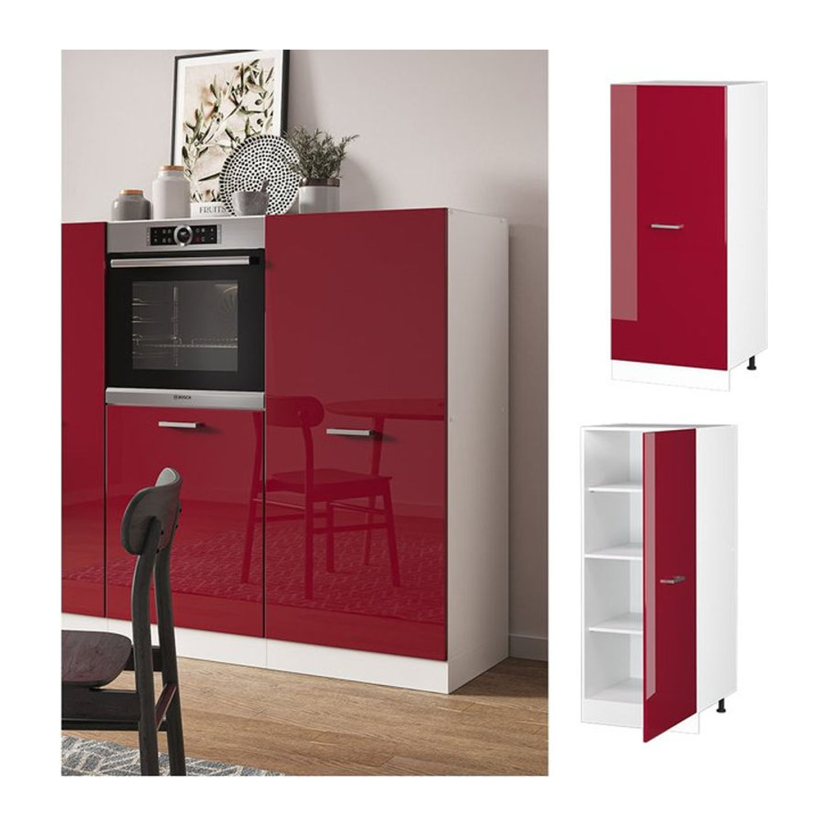 Vicco Backofenumbauschrank R-Line Küchenschrank in Weiß und Bordeaux mit Hochglanz-Drehtüren, Breite: 60 cm - Bild 1