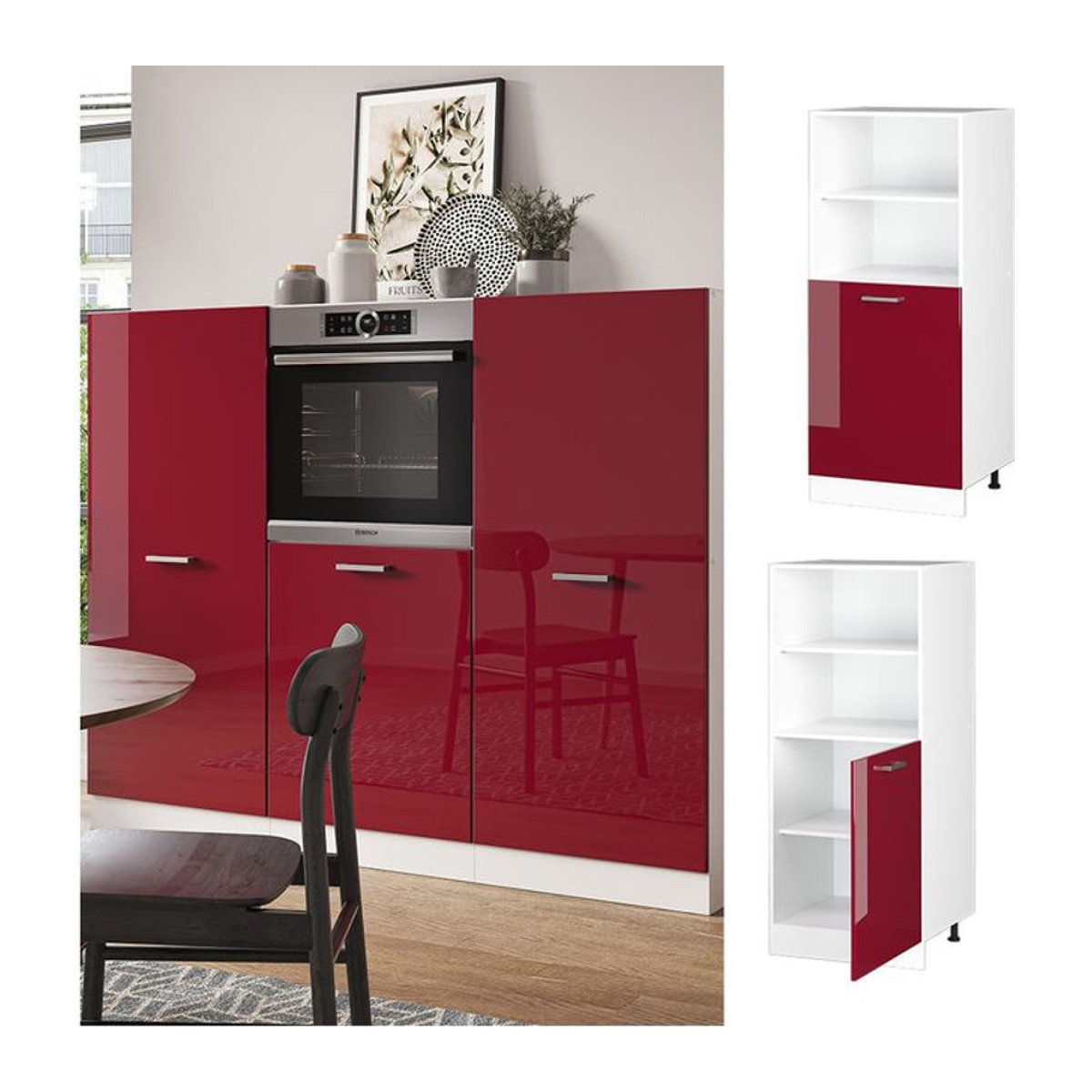 Vicco Backofenumbauschrank R-Line Unterschrank in Weiß und Rot mit Hochglanz-Drehtüren, Breite: 60 cm - Bild 1