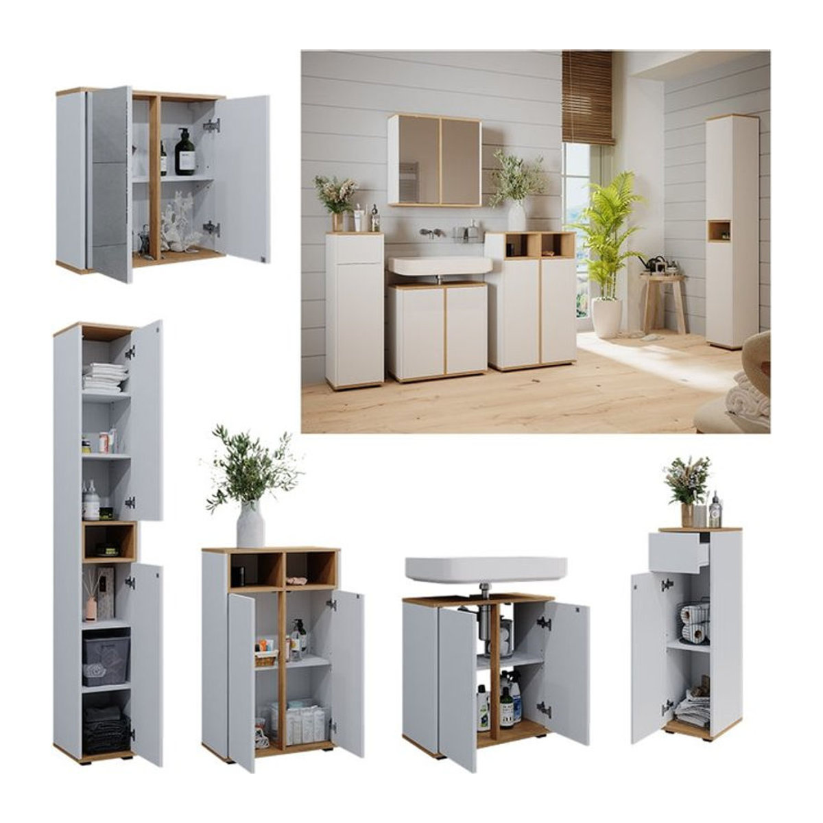 Vicco Badmöbel-Set Didi in Weiß und Eiche, modernes 5-teiliges Set - Bild 1