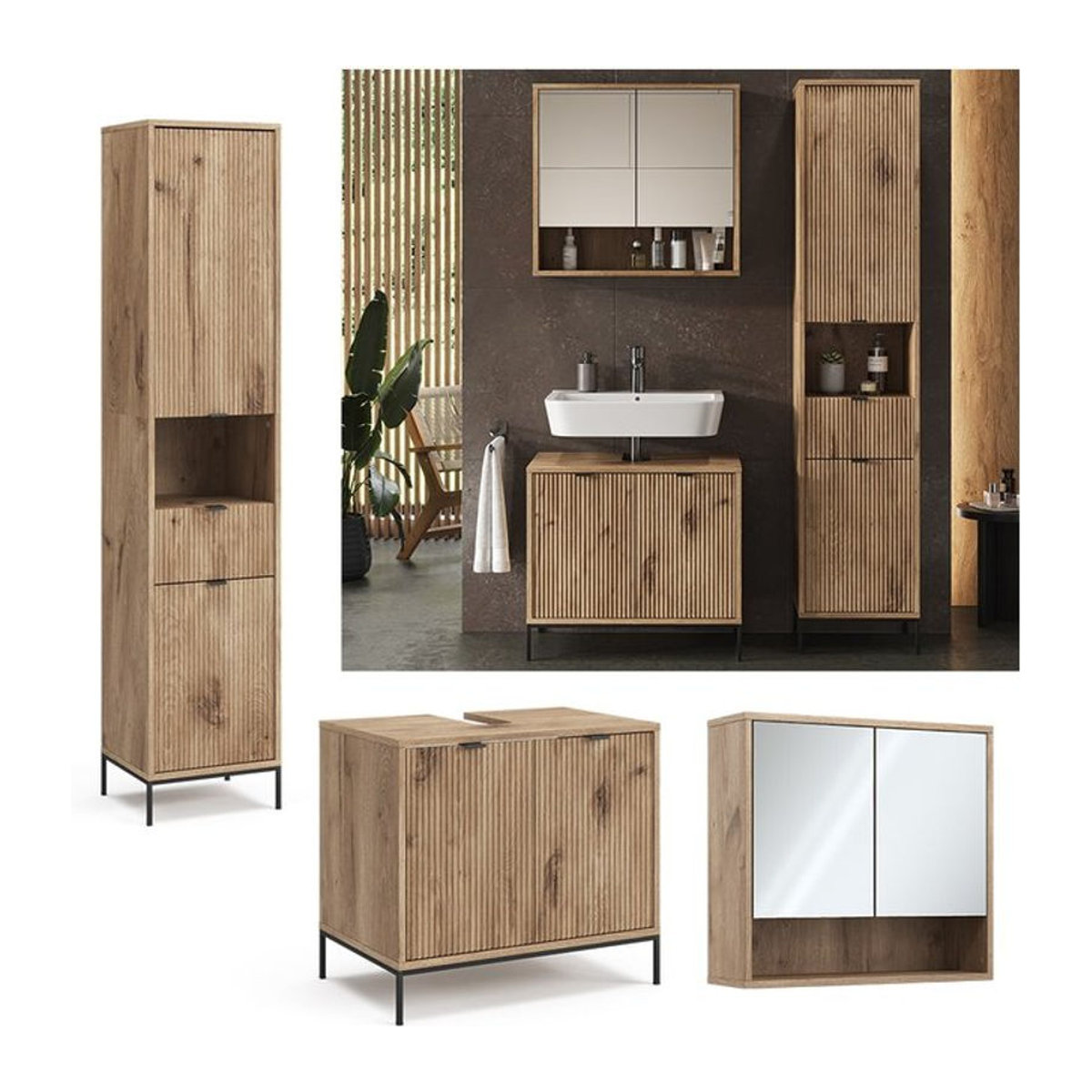 Vicco Badmöbel-Set Eliza in Viking Oak Eiche Natur, 3-teilig mit Hochschrank - Bild 1