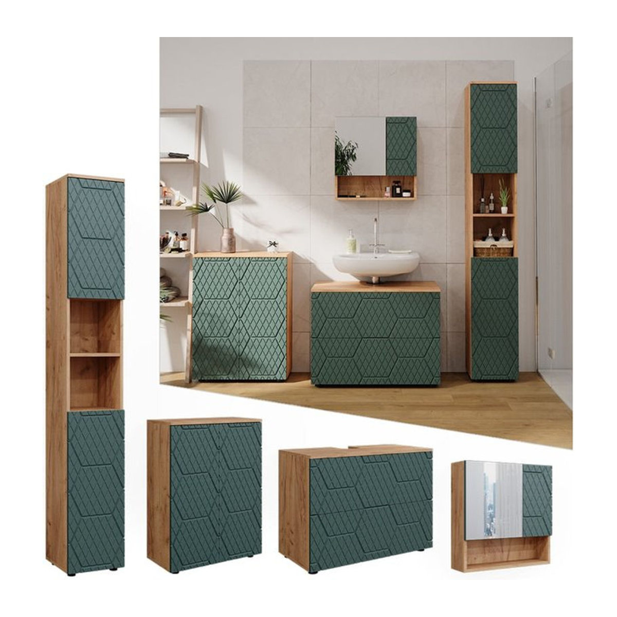 Vicco Badmöbel-Set Irma in Eiche Grün, 4-teilig mit Hochschrank und Kommode - Bild 1