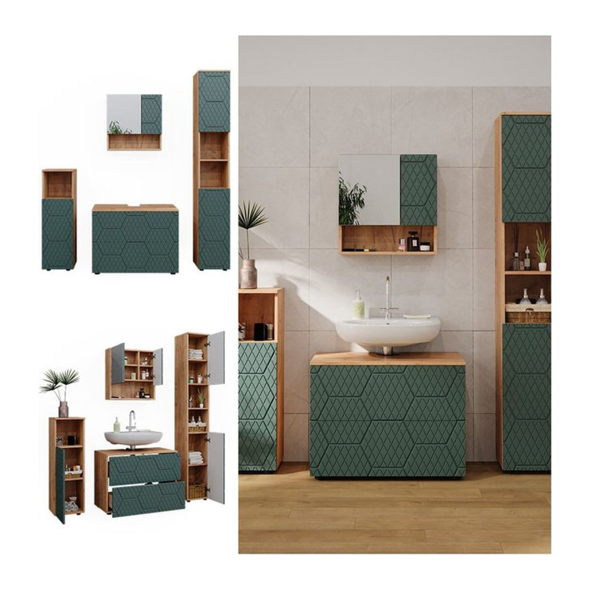 Vicco Badmöbel-Set Irma in Eiche Grün, 4-teilig mit Hochschrank und Midischrank 95 cm - Bild 1