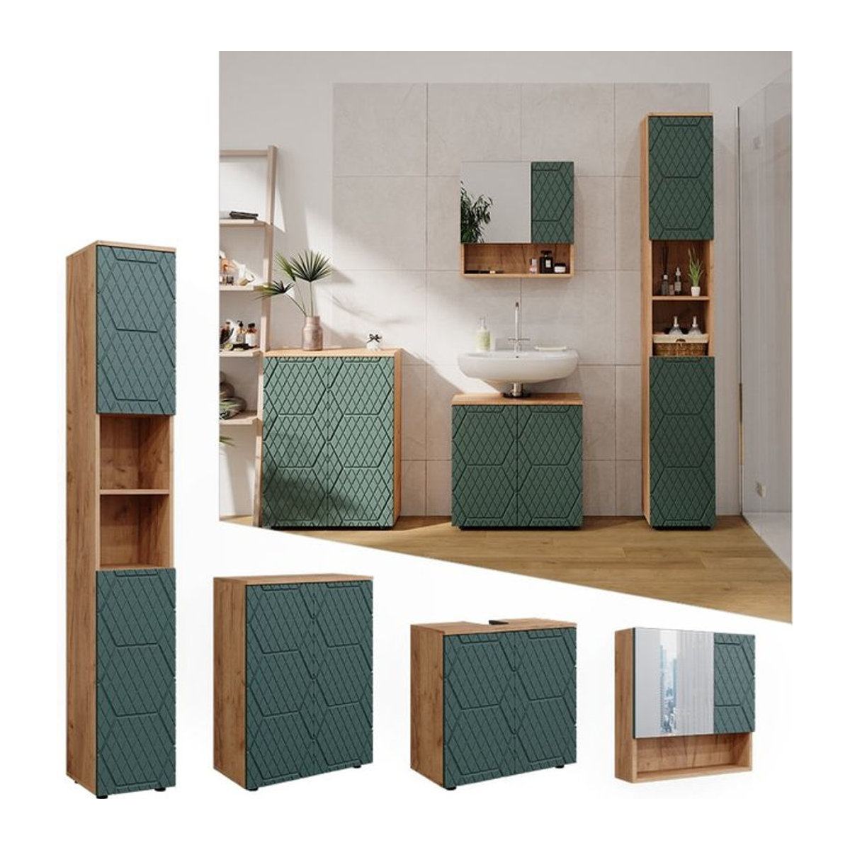 Vicco Badmöbel-Set Irma in Eiche Grün, 4-teilig, modern gestaltet mit Hochschrank und Kommode - Bild 1
