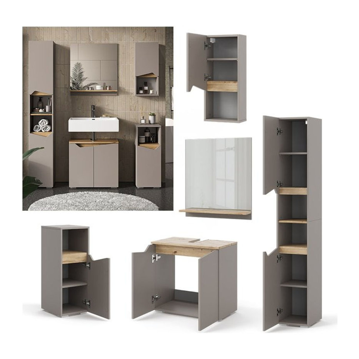 Vicco Badmöbel-Set Marelle in Greige Eiche Natur, 5-teiliges modernes Set in Beige und Grau - Bild 1