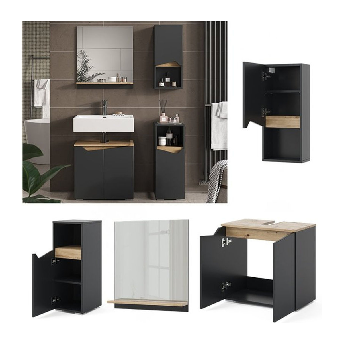 Vicco Badmöbel-Set Marelle Modern in Anthrazit und Eiche, 4-teilig - Bild 1