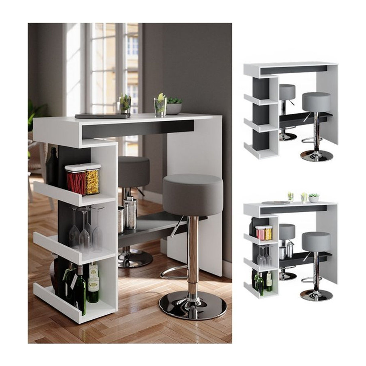 Vicco Bartisch Dana Set mit 2 Barhockern in Weiß/Anthrazit und Grau mit Ablage - Bild 1