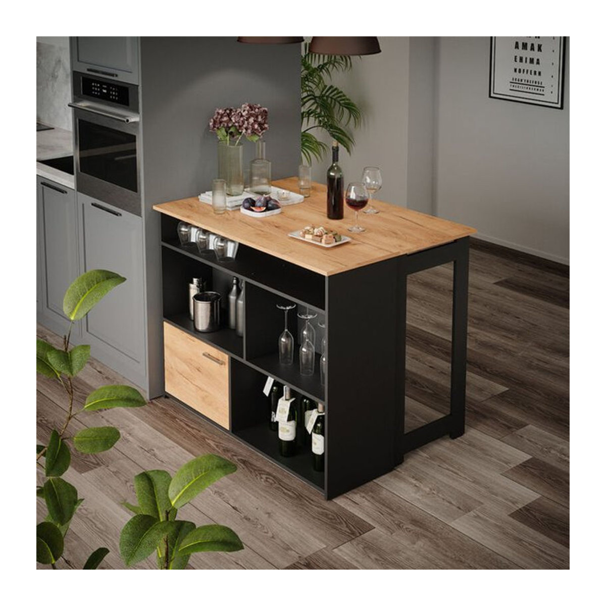 Vicco Bartisch Dominic in Eiche Natur und Anthrazit mit offenen Fächern und Tür, B: 116 cm, T: 37 cm - Bild 2