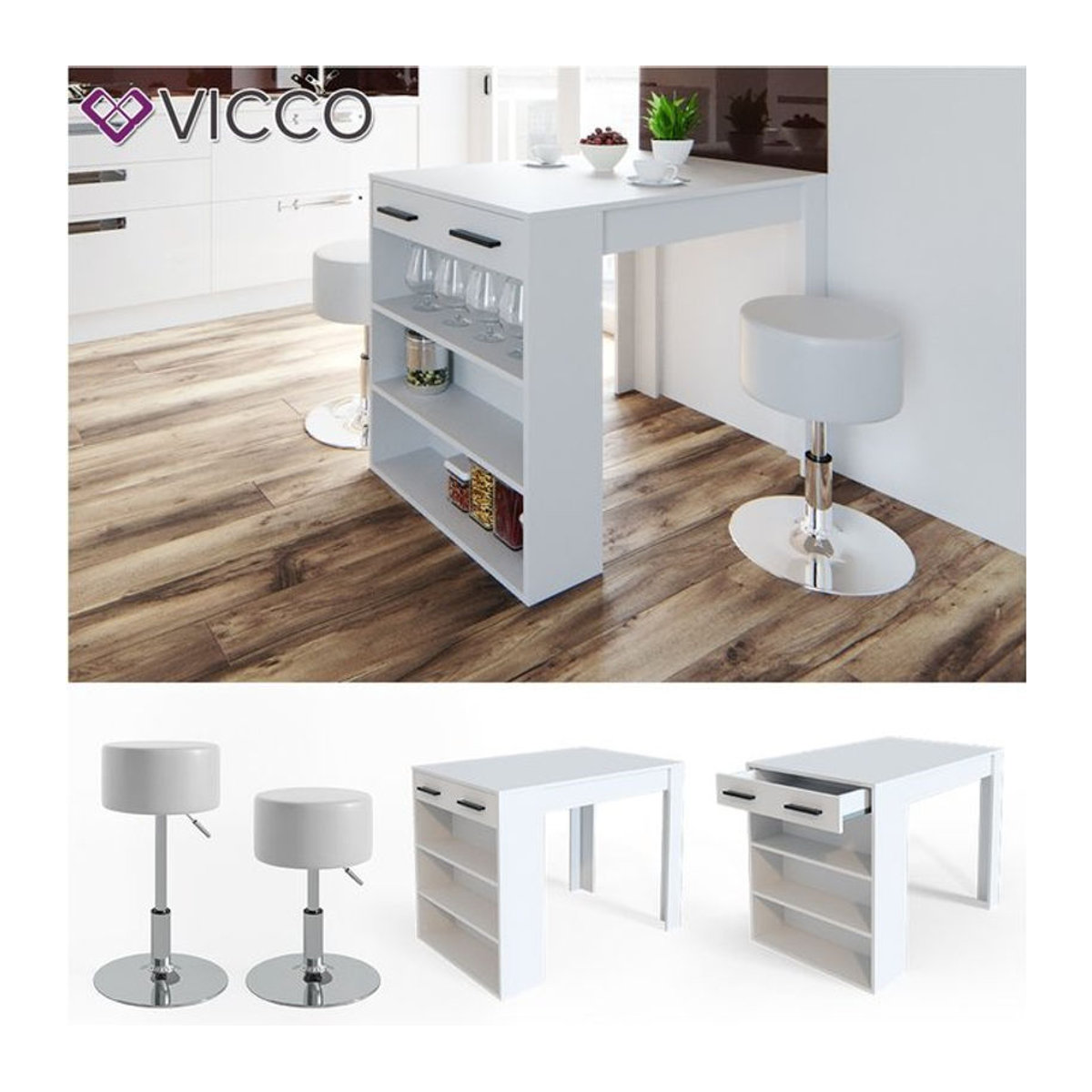 Vicco Bartisch mit Barhocker und Regal in Weiß mit Melaminharzbeschichtung - Bild 1