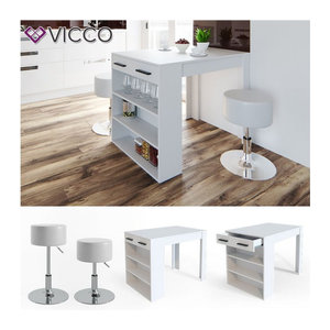 Vicco Bartisch mit Barhocker und Regal in Weiß mit Melaminharzbeschichtung