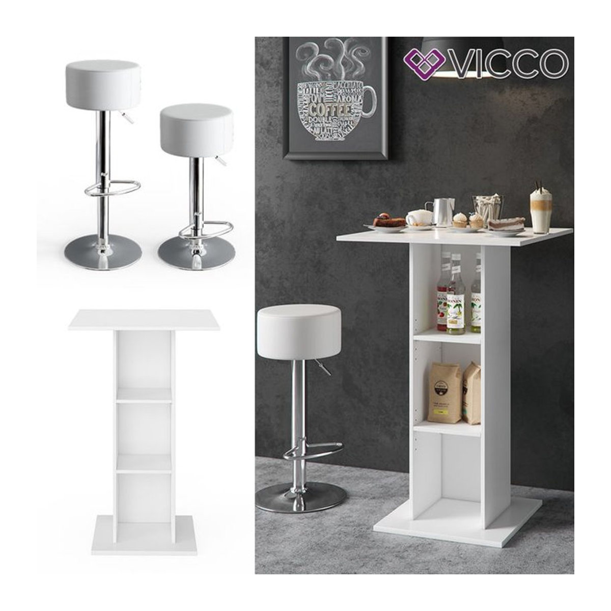 Vicco Bartisch mit Barhockern in Weiß und Beton-Optik, moderner Bistrotisch für die Küche - Bild 1
