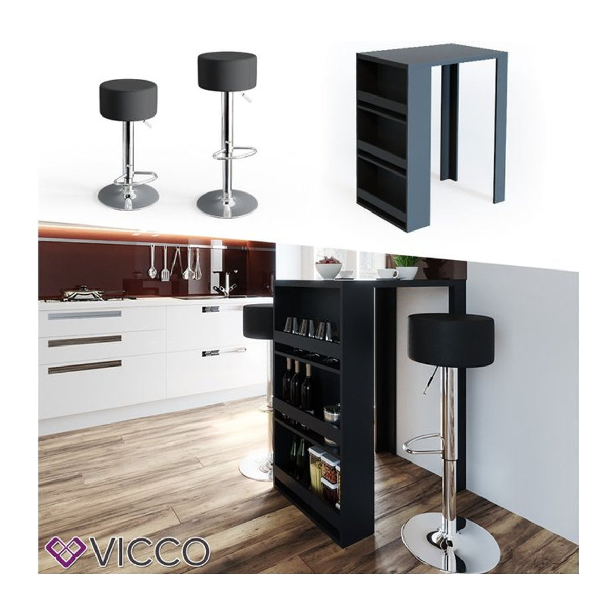 Vicco Bartisch Modern mit Barhockern in Schwarz - Bild 1