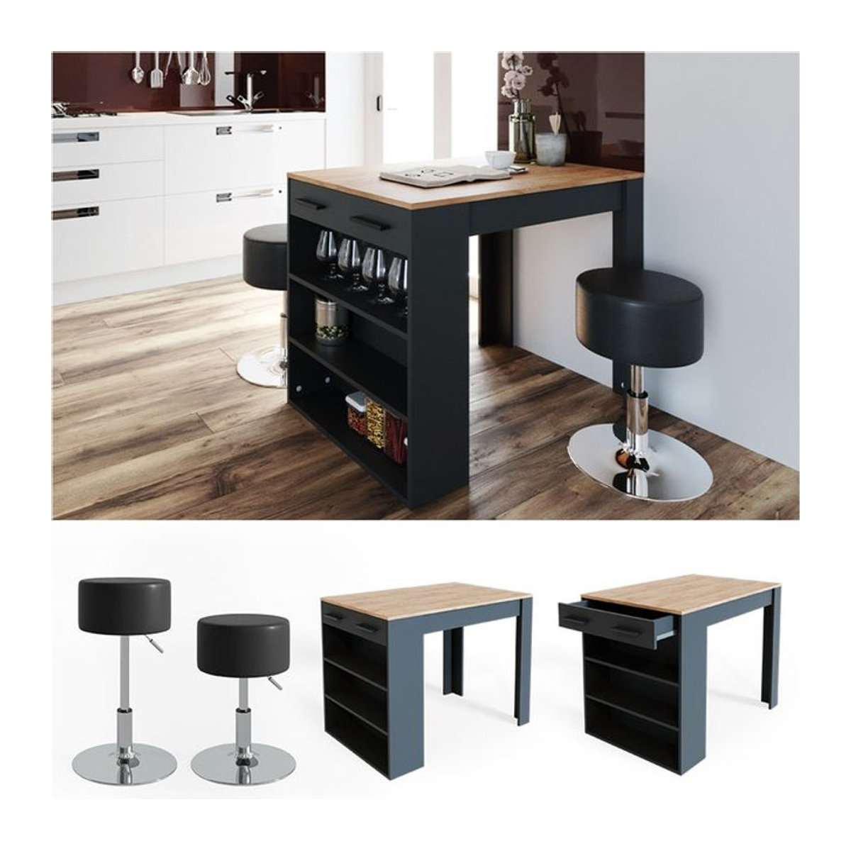 VICCO Bartisch REPOSE Bistrotisch mit Schublade in Eiche und Anthrazit Modern - Bild 1