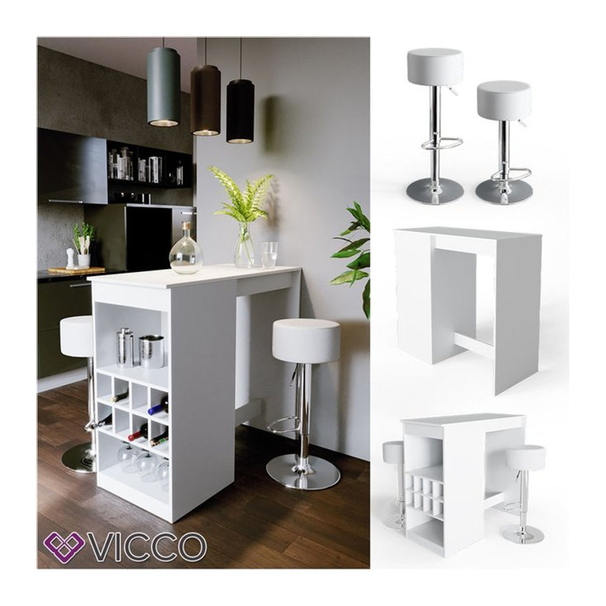 Vicco Bartisch Ross Set in Weiß mit 2 Barhockern aus Holzwerkstoff - Bild 1