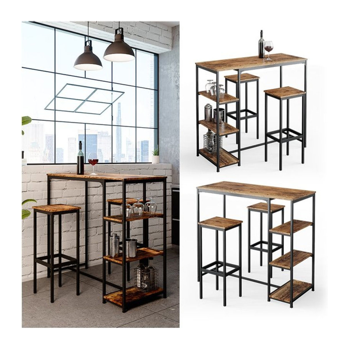 Vicco Bartisch-Set Fyrk im Industrial-Design mit 2 Barhockern und 3 Ablagen aus Holzwerkstoff und Metall in Braun, Schwarz oder Natur - Bild 1
