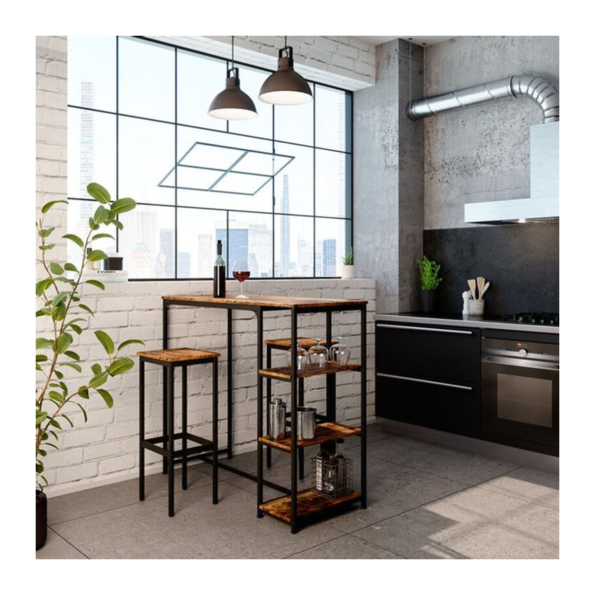 Vicco Bartisch-Set Fyrk im Industrial-Design mit 2 Barhockern und 3 Ablagen aus Holzwerkstoff und Metall in Braun, Schwarz oder Natur - Bild 2