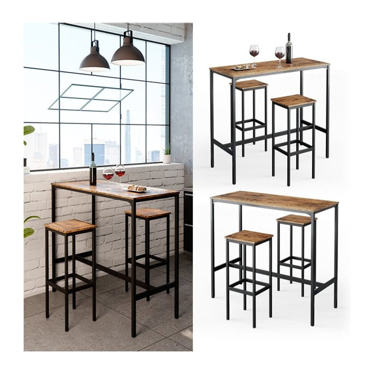 Vicco Bartisch-Set Fyrk in Eiche rustikal und Schwarz mit 2 Barhockern im Industrial Design, B/T: 120 x 50 cm - Bild 1