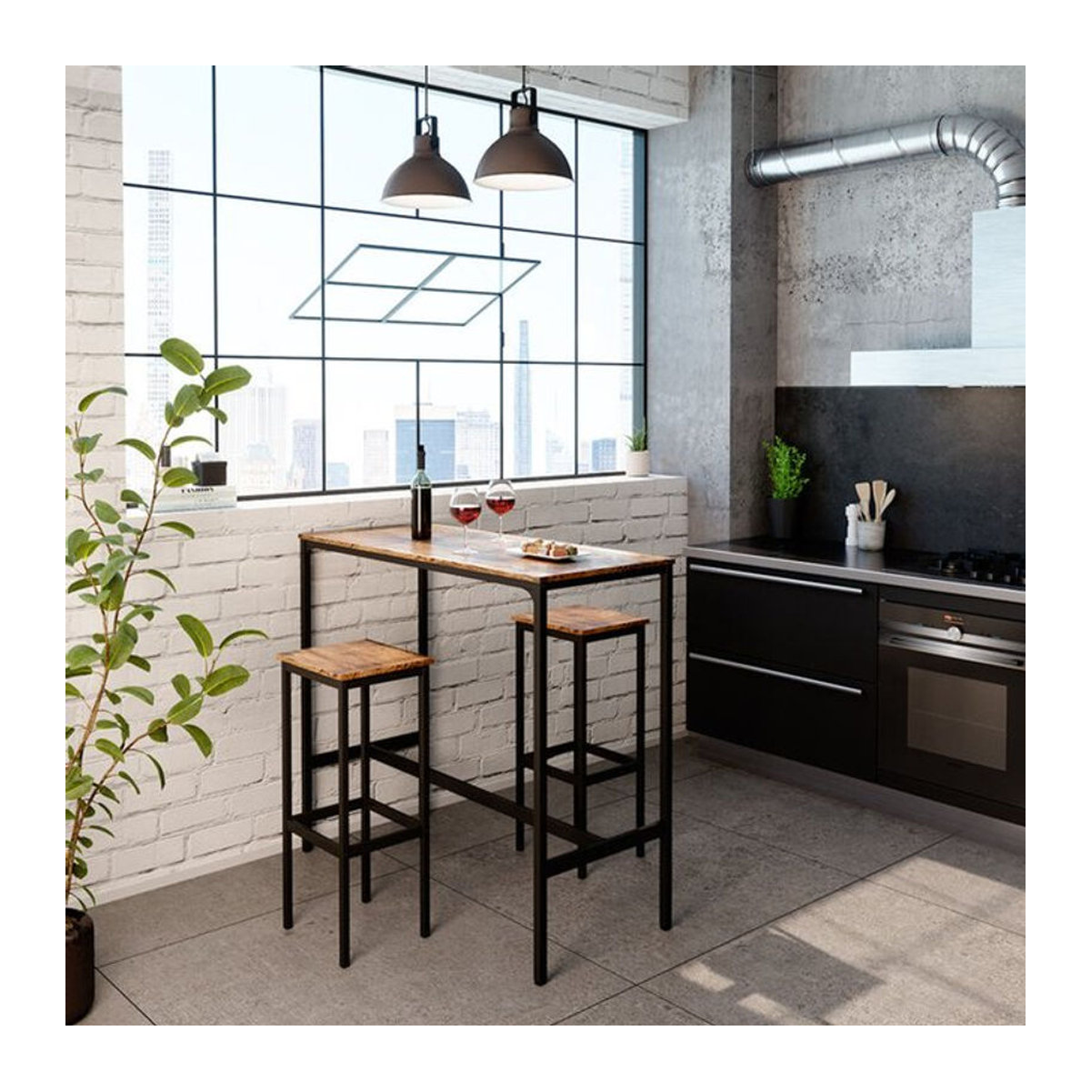 Vicco Bartisch-Set Fyrk in Eiche rustikal und Schwarz mit 2 Barhockern im Industrial Design, B/T: 120 x 50 cm - Bild 2