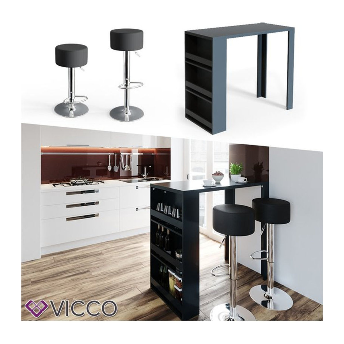 Vicco Bartisch-Set in Anthrazit und Schwarz mit 2 Barhockern, moderner Bistrotisch aus Holzwerkstoff, B: 57 cm, L: 117 cm - Bild 1