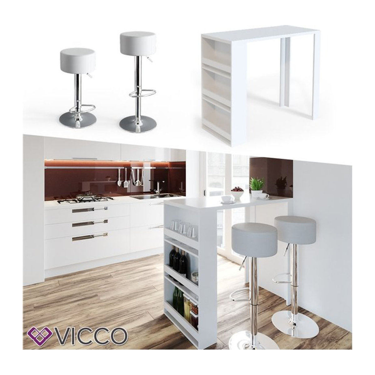 Vicco Bartisch-Set in Weiß mit 2 Barhockern, moderner Bistrotisch aus Holzwerkstoff, B: 57 cm, L: 117 cm - Bild 1