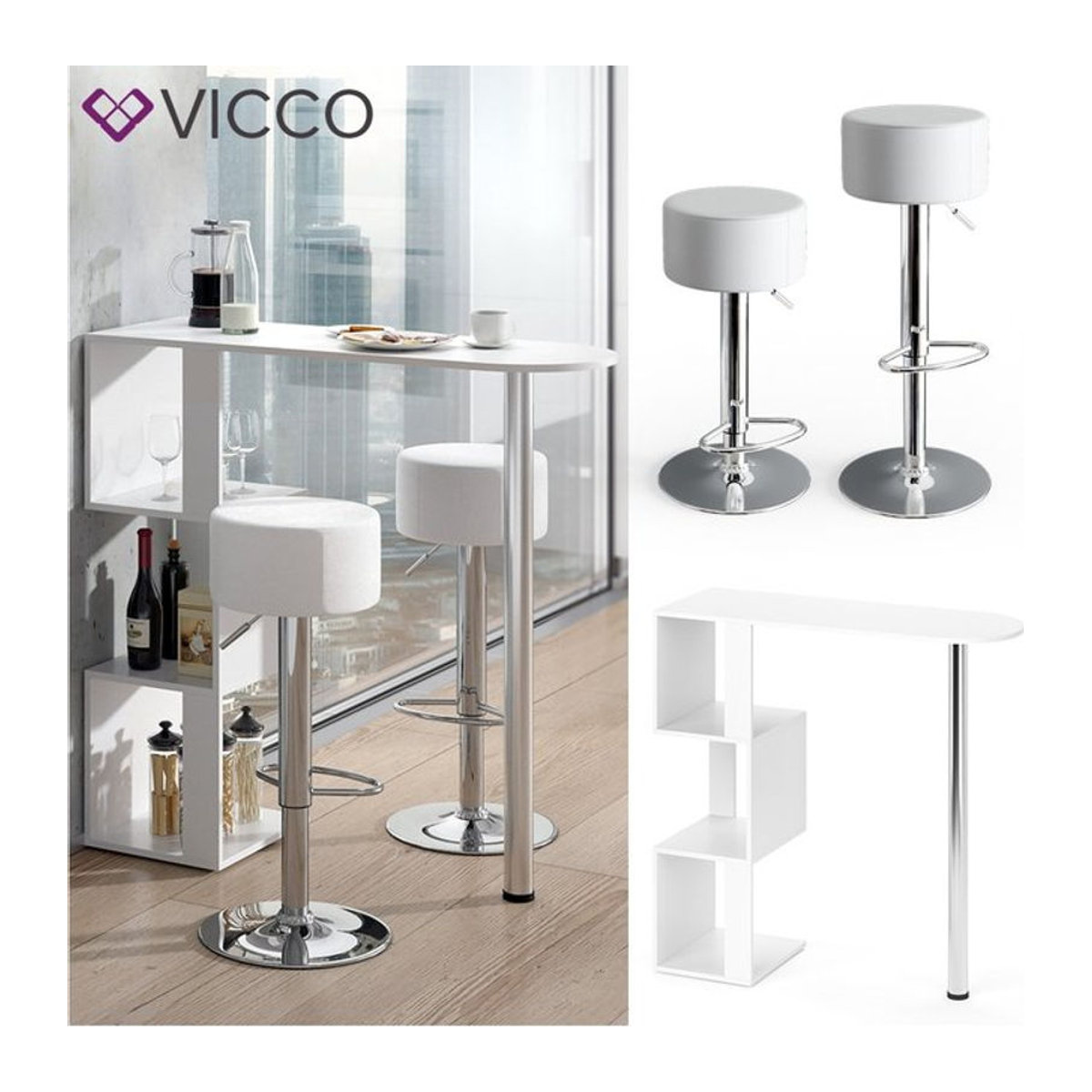 VICCO Bartisch VINCENT Weiß Modernes Bartresen Set mit Barhockern aus Kunstharz B/T/H: 160,57 x 189,9 x 0 cm - Bild 1