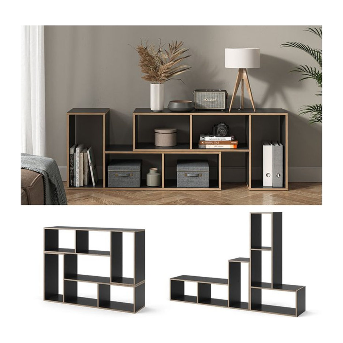 Vicco Bücherregal Tetrix Regalsystem, Anthrazit, 2er-Set, modern und freistehend, H: 112,8 cm x B: 56,4 cm x T: 30 cm - Bild 2