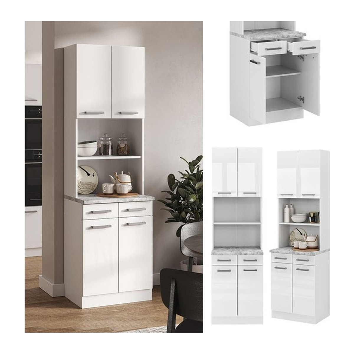 Vicco Buffetküche R-Line in Weiß Hochglanz mit 60 cm Arbeitsplatte, moderne Küchenzeile - Bild 1