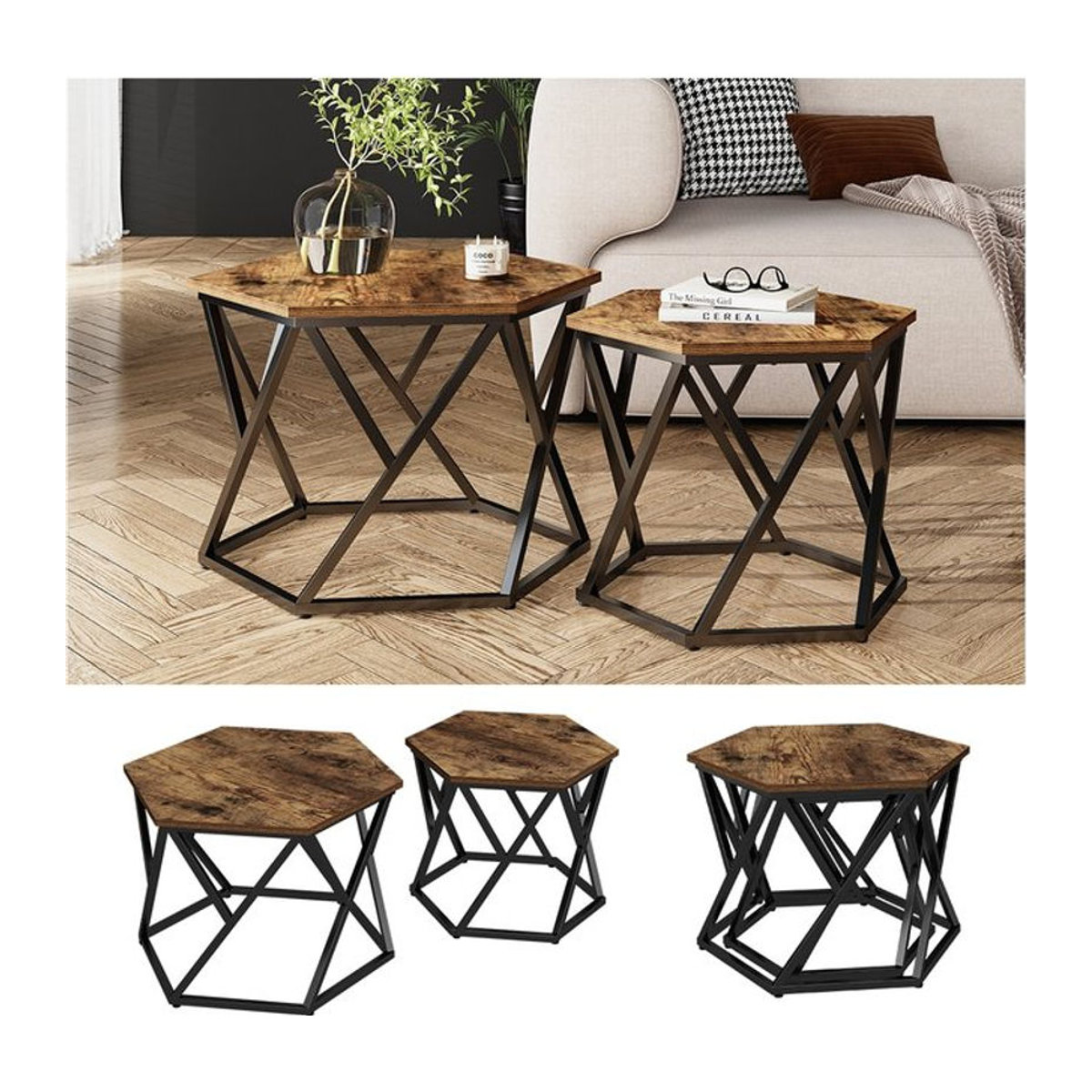 Vicco Couchtisch-Set Fyrk Industrial Design in Eiche Natur und Schwarz, 2er-Set, quadratisch - Bild 1