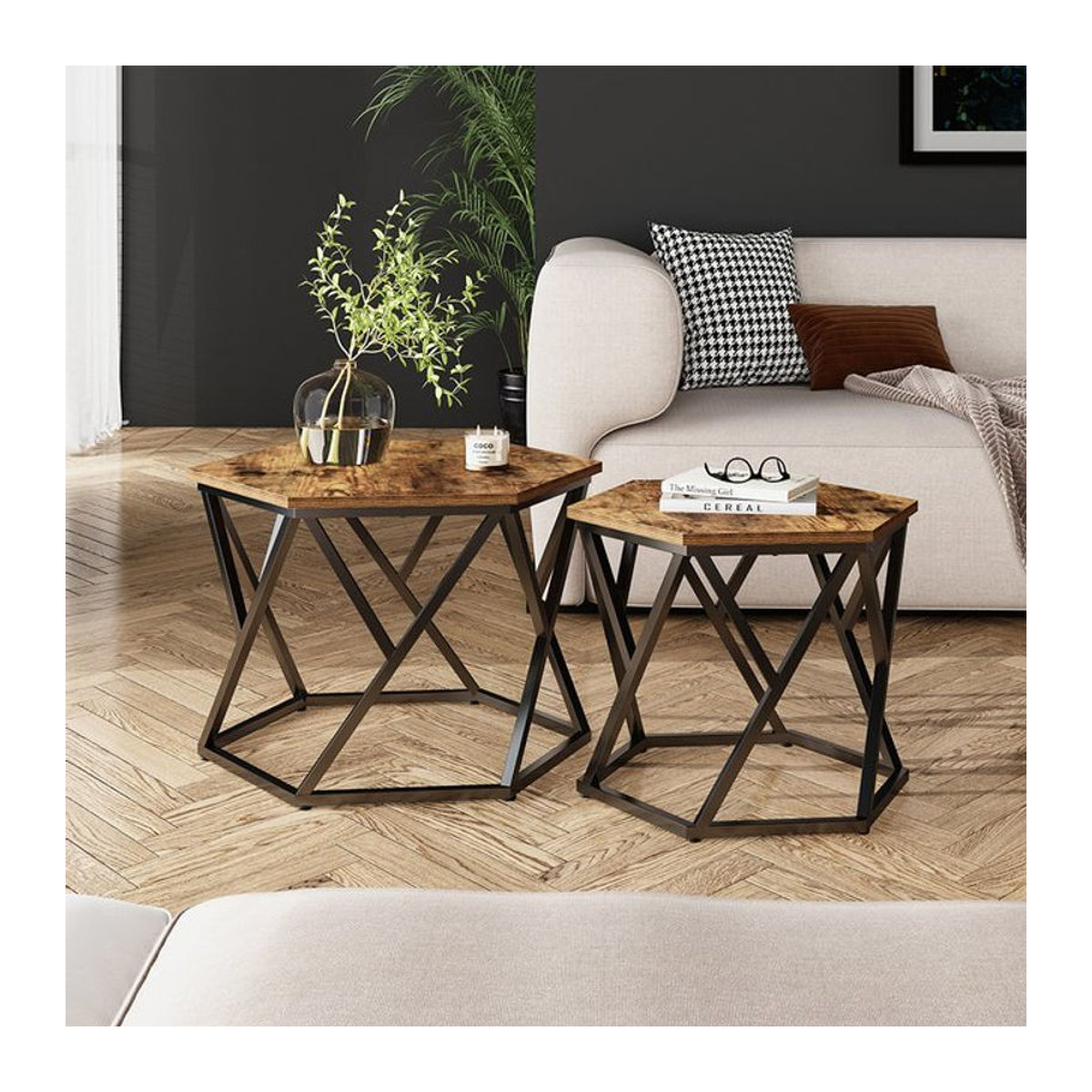 Vicco Couchtisch-Set Fyrk Industrial Design in Eiche Natur und Schwarz, 2er-Set, quadratisch - Bild 2