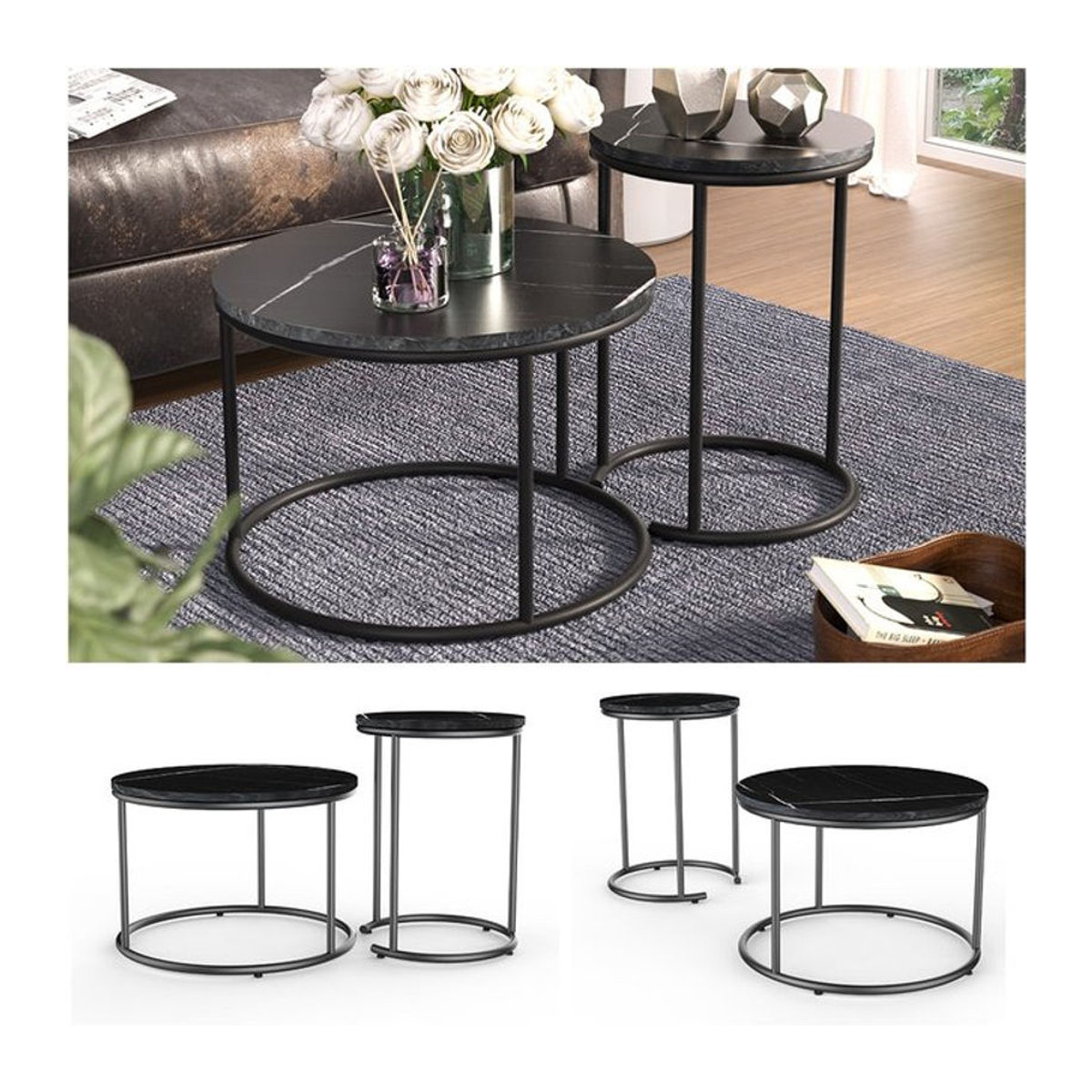 Vicco Couchtisch-Set Ottawa in Schwarz Marmor-Optik, 2-teiliges Set, Rund, Modern Industrial Style - Bild 1