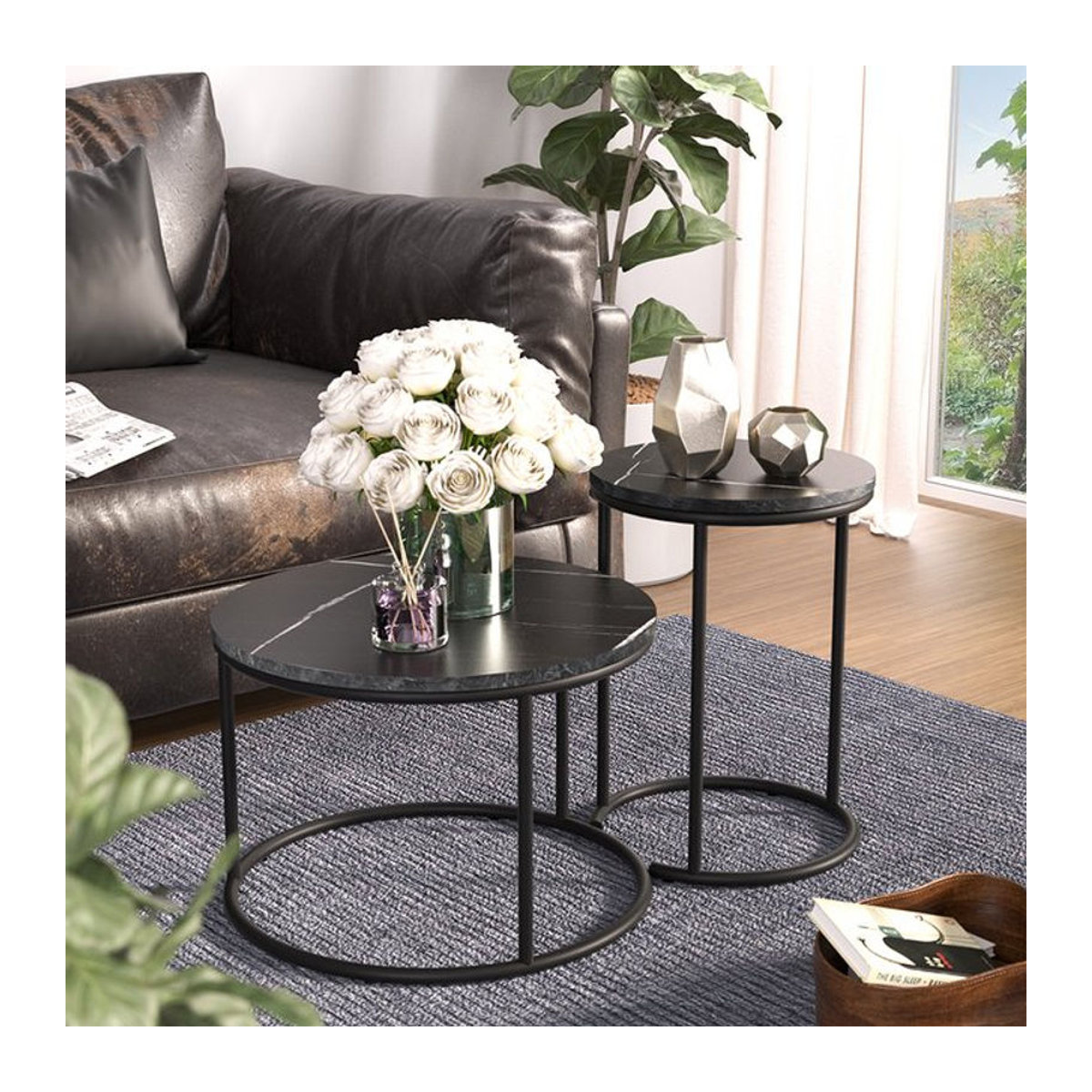 Vicco Couchtisch-Set Ottawa in Schwarz Marmor-Optik, 2-teiliges Set, Rund, Modern Industrial Style - Bild 2