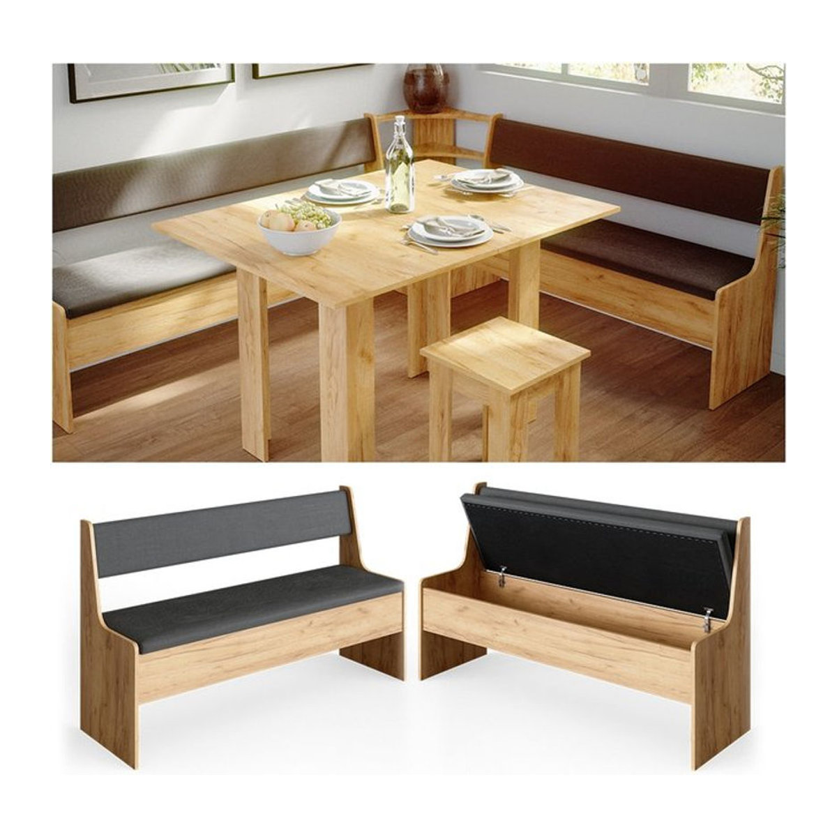 Vicco Eckbankgruppe Roman in Eiche Natur im Landhausstil mit Sitzbank und Truhe, Breite: 137 cm - Bild 1