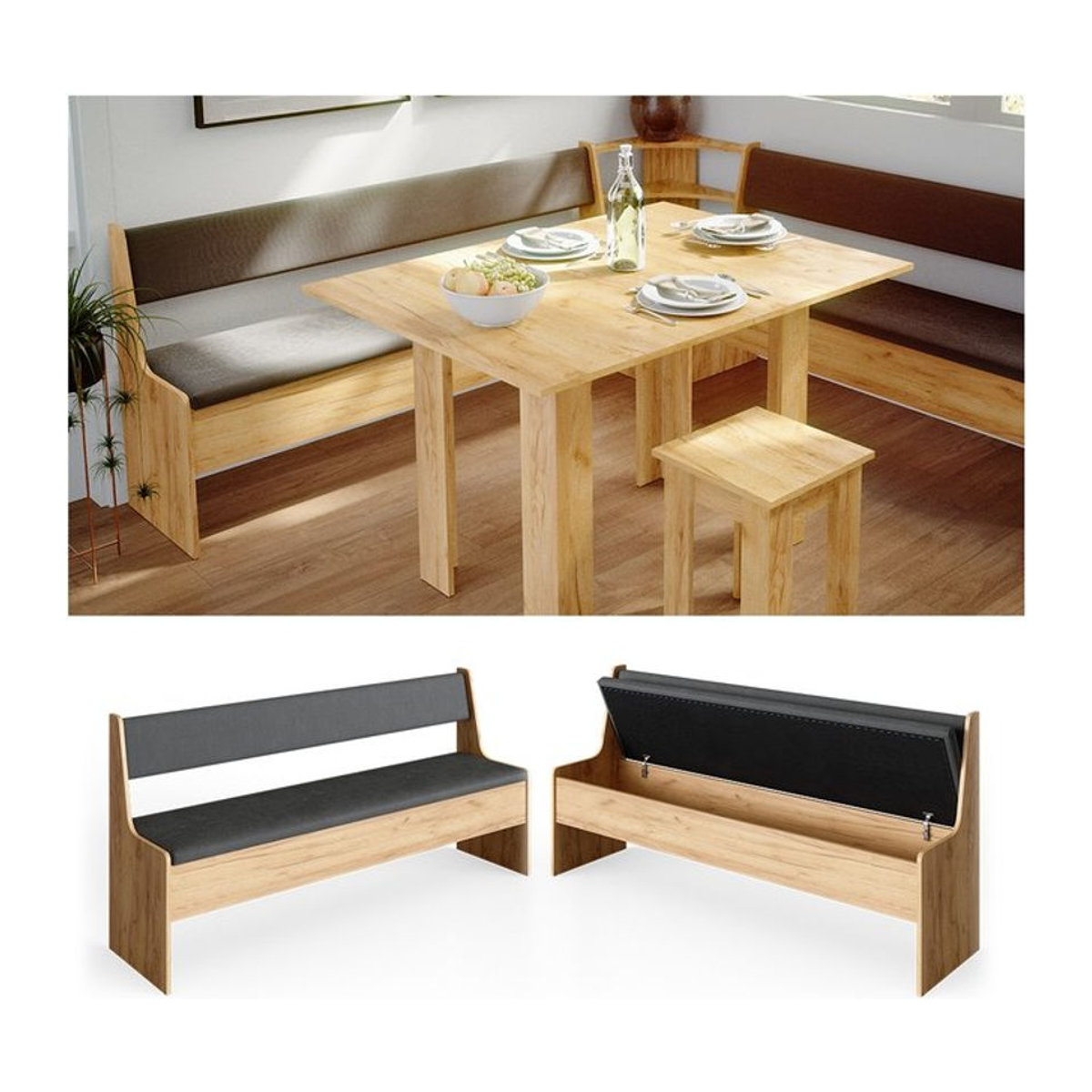 Vicco Eckbankgruppe Roman in Eiche Natur im Landhausstil mit Sitzbank und Truhe, Breite: 167 cm - Bild 1