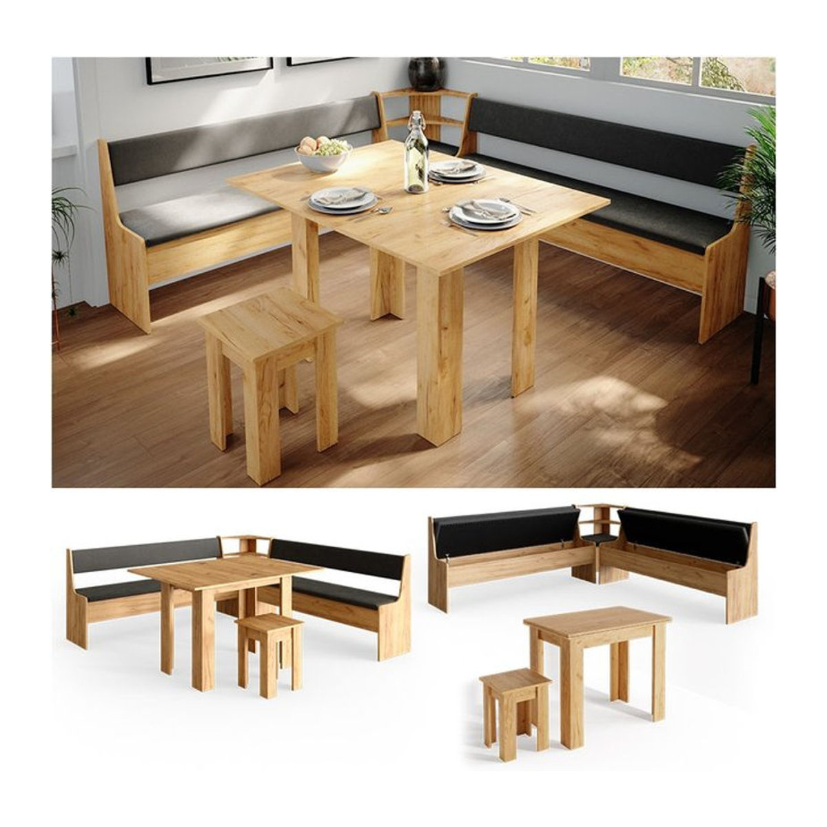 Vicco Eckbankgruppe Roman in Eiche Natur, quadratische Esszimmergruppe im Landhausstil, B/T: 210 x 210 cm - Bild 1