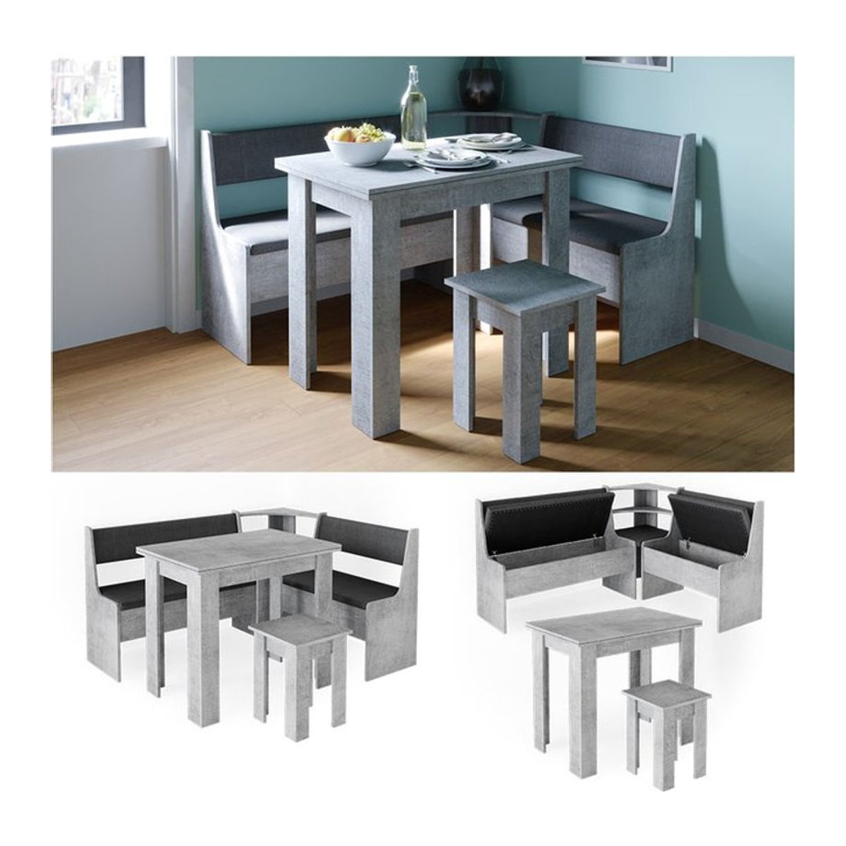 Vicco Eckbankgruppe Roman in Grau mit Tisch und Hockern im modernen Beton-Design - Bild 1