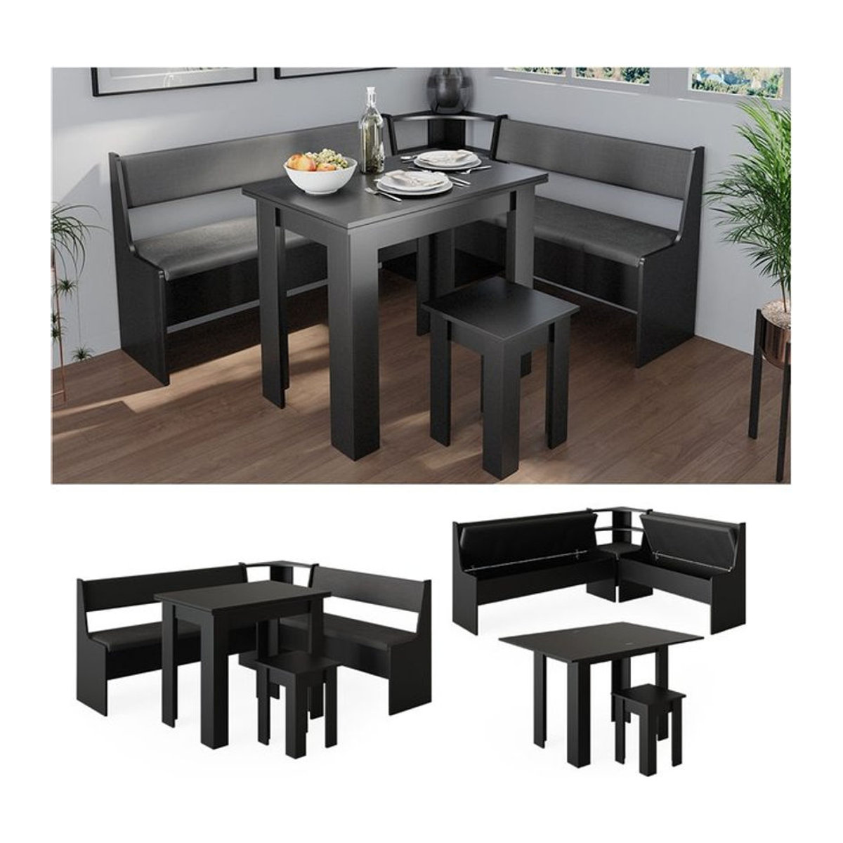 Vicco Eckbankgruppe Roman in Schwarz mit Tisch, modern und klassisch gestaltet - Bild 1