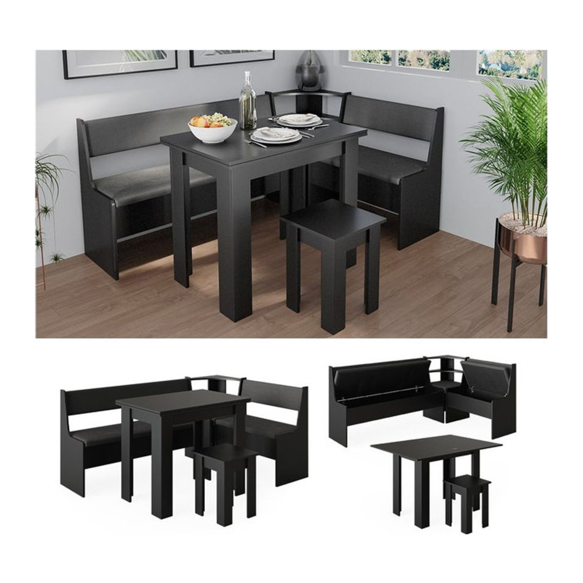 Vicco Eckbankgruppe Roman in Schwarz, moderne Esszimmergruppe mit Küchentisch und Sitzbank, rechteckig - Bild 1