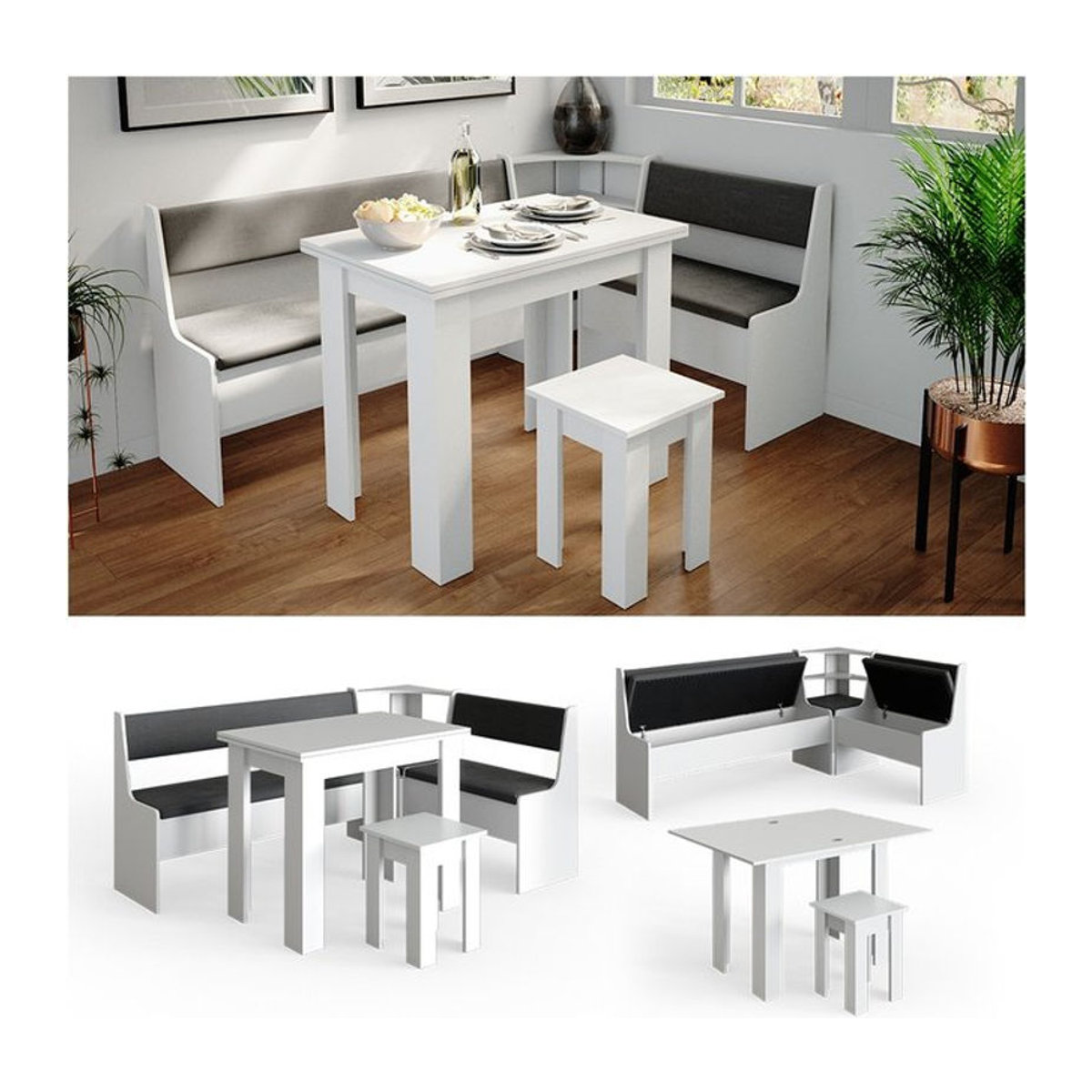 Vicco Eckbankgruppe Roman in Weiß, minimalistische Esszimmergruppe, rechteckig, B/T: 180 x 120 cm - Bild 1