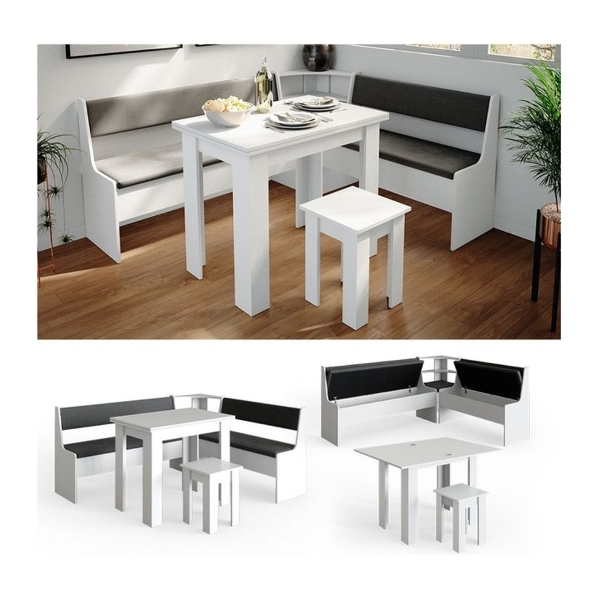 Vicco Eckbankgruppe Roman in Weiß mit Tisch, klassisch und minimalistisch, B/T/H: 180 x 150 x 80 cm - Bild 2