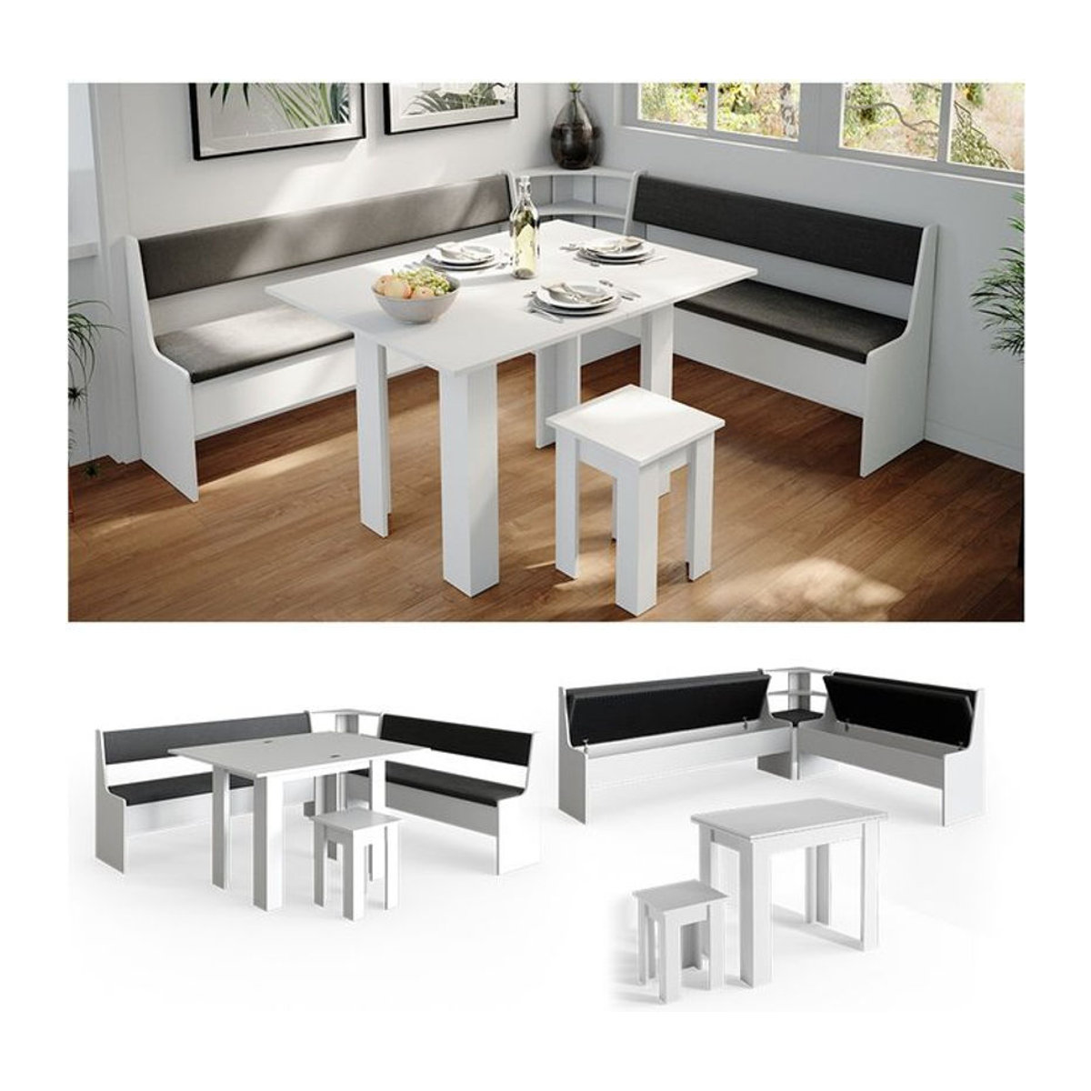Vicco Eckbankgruppe Roman in Weiß mit Tisch, klassisch und minimalistisch, B/T/H: 210 x 41.5 x 80 cm - Bild 1