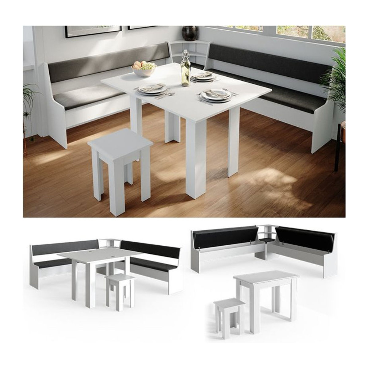 Vicco Eckbankgruppe Roman in Weiß mit Tisch, klassisch und modern gestaltet, B/T/H: 210 x 41.5 x 80 cm - Bild 1