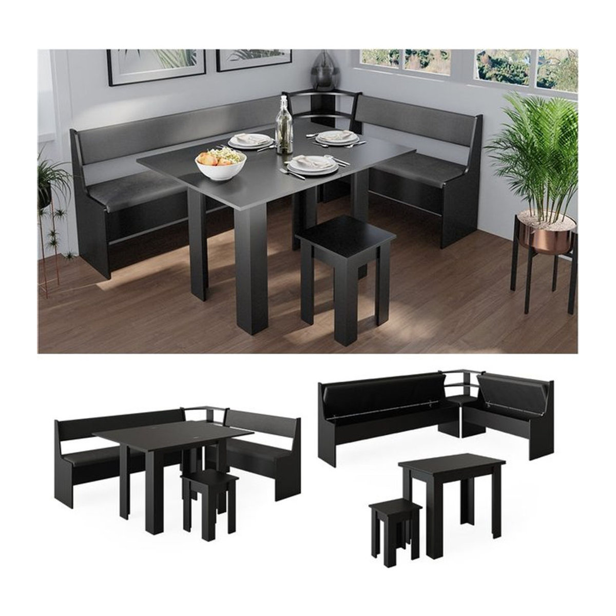 Vicco Eckbankgruppe Roman Modern Schwarz mit Küchentisch und Sitzbank B/T: 210 x 150 cm - Bild 1
