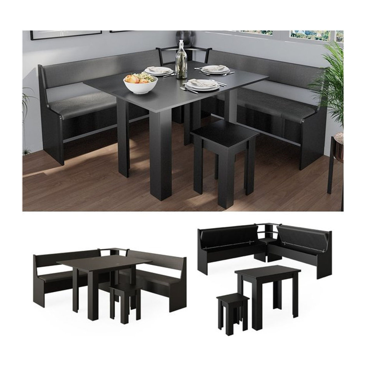 Vicco Eckbankgruppe Roman Schwarz Modern mit Küchentisch und Sitzbank B/T: 180 x 180 cm - Bild 1