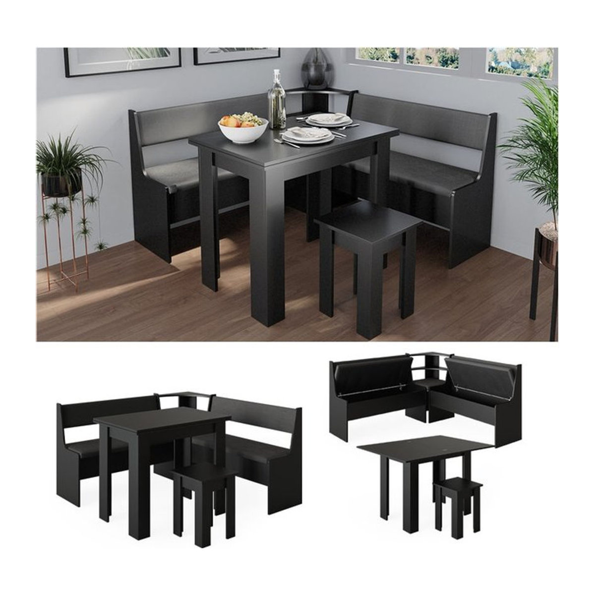 Vicco Eckbankgruppe Roman Schwarz Modern mit quadratischem Tisch und Sitzbank B/T: 150 x 150 cm - Bild 1